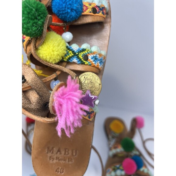 Mabu by Maria BK Gladiator Leather Boho Sandals with Colorful Pom-Poms Size 40 - Picture 4 of 10